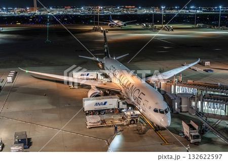 夜の羽田空港　駐機中の飛行機　東京都大田区 132622597