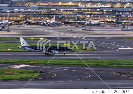 夕暮れの羽田空港　着陸中の飛行機　東京都大田区 132622626