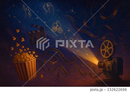 Vintage Projector Illuminating Constellations of Movie Scenes 132622698