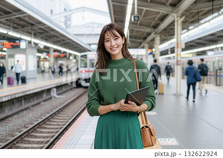 駅のホームでタブレットを持って立つ女性 駅のホームでタブレットを持って立つ女性 132622924