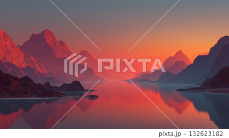 赤く染まる静寂の海岸線（夕暮れに包まれた幻想的な風景） 132623182