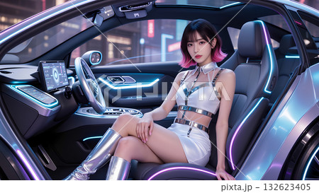 未来的な自動車のインテリを説明するコンパニオン 未来的な自動車のインテリを説明するコンパニオン 132623405