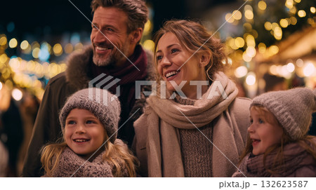 Family feeling joy and warmth on a cold winter night, seeing Christmas lights and decorations at an outdoor market Family feeling joy and warmth on a cold winter night, seeing Christmas lights and decorations at an outdoor market 132623587