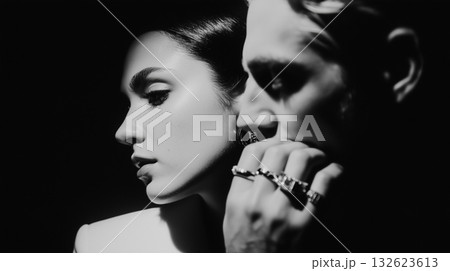 Woman's profile with man's hand whispering, intimate dark portrait of connection and secrets Woman's profile with man's hand whispering, intimate dark portrait of connection and secrets 132623613