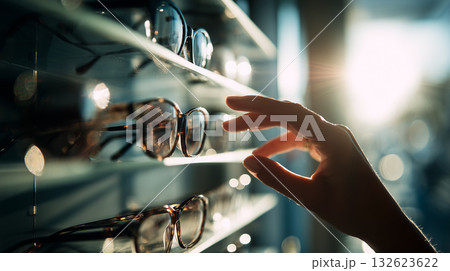 Woman's hand touching eyeglasses on a lighted display shelf, representing shopping, choice, and vision care 132623622