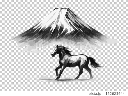 馬與富士山剪影新年賀卡素材 132623644