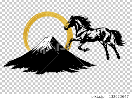 馬與富士山剪影新年賀卡素材 132623647