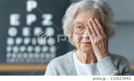 Older woman having her eyesight checked by covering one eye, focusing on a Snellen chart during a routine eye test 132623648
