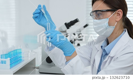 Female scientist wearing a face mask and blue gloves, carefully dropping liquid from a pipette into a test tube in a modern lab. Medicine, healthcare and science concept Female scientist wearing a face mask and blue gloves, carefully dropping liquid from a pipette into a test tube in a modern lab. Medicine, healthcare and science concept 132623710