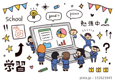 パソコンと学生たちのイラスト パソコンと学生たちのイラスト 132623945