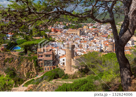 View of old tower and town of Tossa de Mar Spain View of old tower and town of Tossa de Mar Spain 132624006