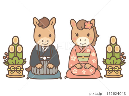 夫婦馬の年賀状素材セット和装の正座と門松 132624048