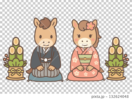 夫婦馬の年賀状素材セット和装の正座と門松 132624048