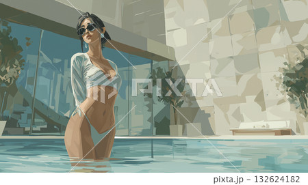 プールサイドの日本人女性／ミニマルホテル背景・清潔感・コピースペース 132624182
