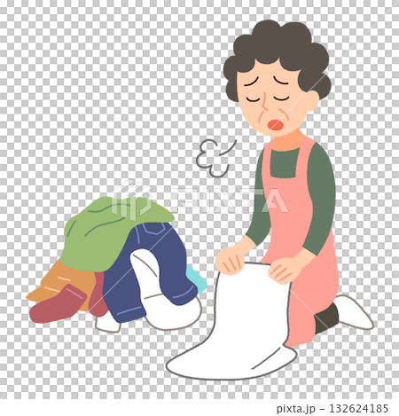 圖：一位中年婦女一邊疊衣服一邊嘆氣。 132624185