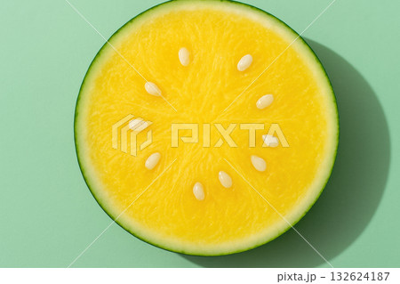 Freshly sliced yellow watermelon with white seeds on pastel green background showcasing vibrant summer fruit freshness, AI Generative 132624187