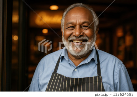Senior man smiling warmly in an apron, standing in a cozy indoor setting with soft lighting, expressing welcoming hospitality, AI Generative Senior man smiling warmly in an apron, standing in a cozy indoor setting with soft lighting, expressing welcoming hospitality, AI Generative 132624585