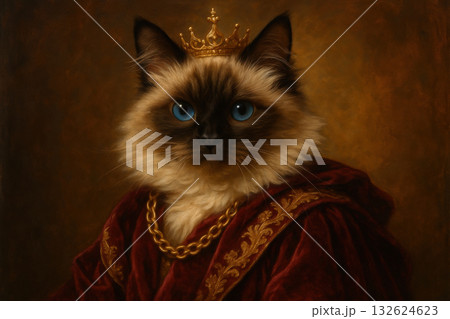 Regal feline portrait of a long haired cat with blue eyes wearing a crown, golden chain, and luxurious robe on brown background, AI Generative 132624623