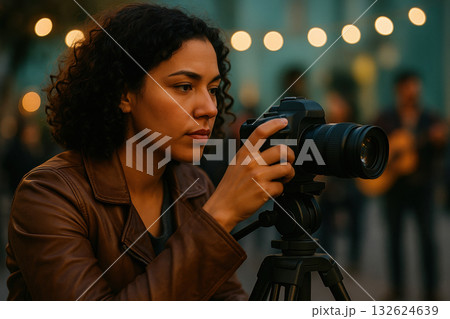 Focused woman adjusting camera on tripod outdoors during golden hour, capturing urban lifestyle moments with creative expression, AI Generative Focused woman adjusting camera on tripod outdoors during golden hour, capturing urban lifestyle moments with creative expression, AI Generative 132624639