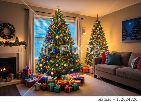 Decorated Christmas tree in a living room Decorated Christmas tree in a living room 132624826