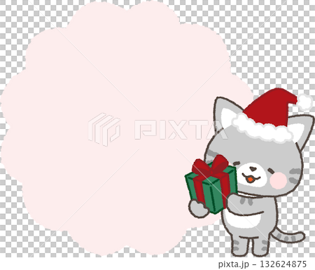 A tabby cat wearing a Santa hat holding a present and a speech bubble A tabby cat wearing a Santa hat holding a present and a speech bubble 132624875