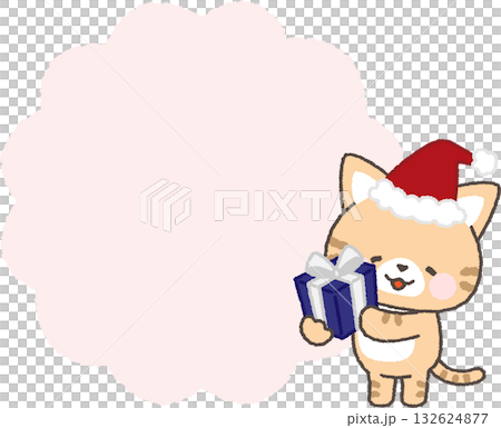 A brown tabby cat wearing a Santa hat holding a present and a speech bubble A brown tabby cat wearing a Santa hat holding a present and a speech bubble 132624877