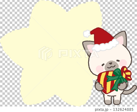 A Siamese cat wearing a Santa hat holding a gift and a speech bubble 132624885
