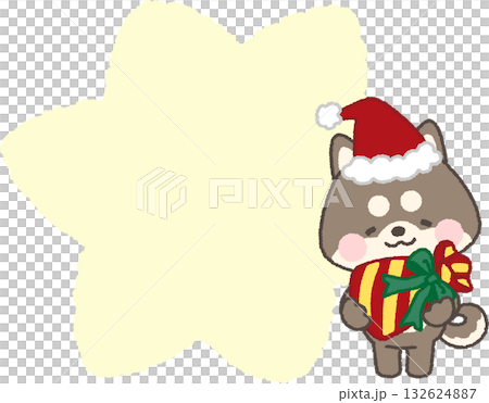 A black Shiba Inu wearing a Santa hat holding a present and a speech bubble 132624887