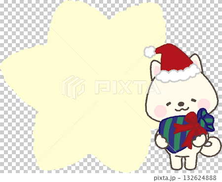 戴著聖誕帽、手持禮物、頭頂出現對話框的白色柴犬 戴著聖誕帽、手持禮物、頭頂出現對話框的白色柴犬 132624888