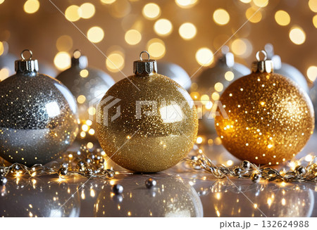 Golden glittering Christmas balls Golden glittering Christmas balls 132624988