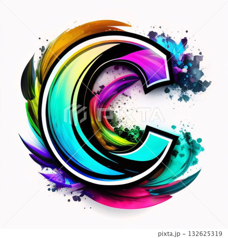 Letter C with colorful paint splashes on white background. 3D illustration. Letter C with colorful paint splashes on white background. 3D illustration. 132625319