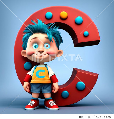 3D Render of a Kid with the letter C in his hand 132625320
