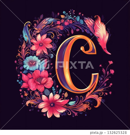 Floral letter C in ukrainian folk style. Vector illustration. Floral letter C in ukrainian folk style. Vector illustration. 132625328