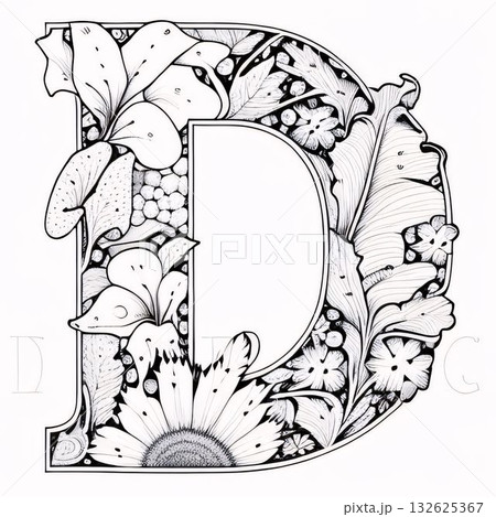 Beautiful hand drawn floral capital letter D, coloring page for adults 132625367