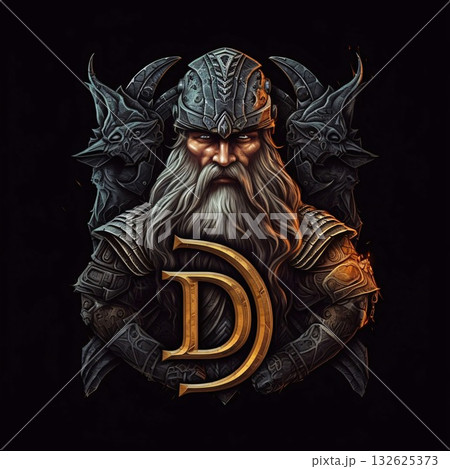 Viking warrior with the letter D on a dark background. Tattoo art. Viking warrior with the letter D on a dark background. Tattoo art. 132625373