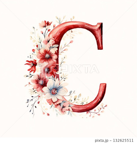 Floral letter C, hand drawn in watercolor on white background Floral letter C, hand drawn in watercolor on white background 132625511