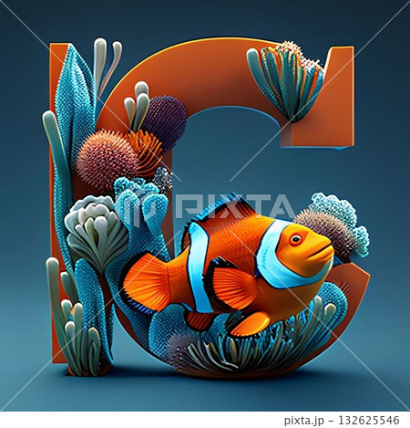 Letter C with anemone fish and corals on blue background 132625546