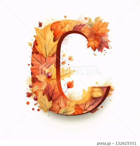 Alphabet letter C with autumn leaves and acorns, vector illustration 132625551
