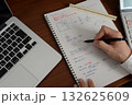 建築士がノートに設計メモを書く手とノートパソコンのあるデスク 132625609