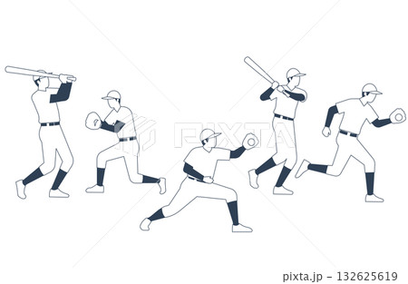 野球の動作を描いたスポーツイラスト素材モノクロ版 132625619