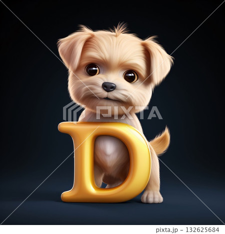 Cute puppy with letter D on black background, 3d rendering Cute puppy with letter D on black background, 3d rendering 132625684