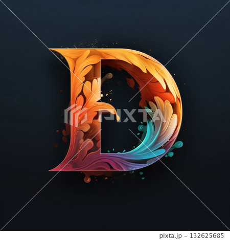 D letter with abstract paint splashes and drops. Vector illustration. 132625685