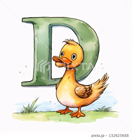 Illustration of the letter D with a duckling on a white background 132625688