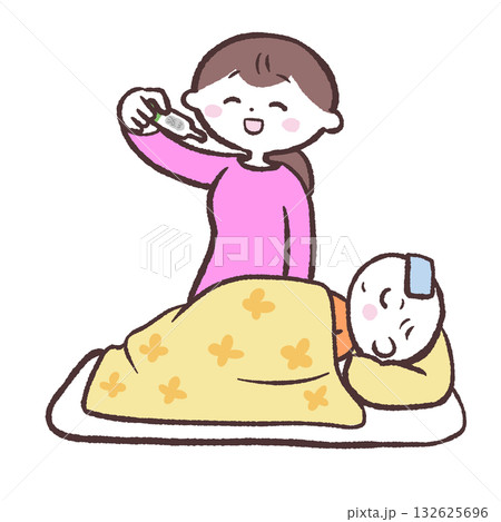 赤ちゃんの熱が下がってホッとする女性のイラスト 132625696