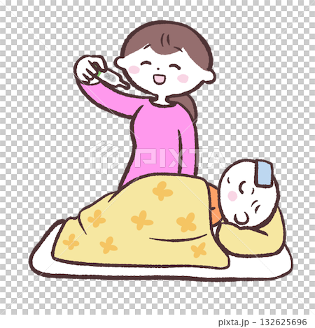 赤ちゃんの熱が下がってホッとする女性のイラスト 132625696
