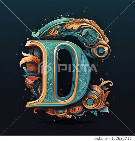 Luxury capital letter D with floral ornament. Vector illustration. Luxury capital letter D with floral ornament. Vector illustration. 132625716