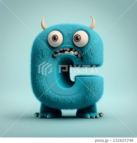 Funny cartoon monster character with blue body, 3d render illustration letter C 132625746
