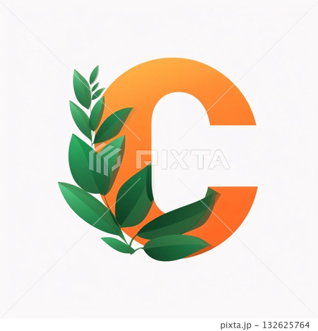 Orange letter C with green leaves on white background. Vector illustration. Orange letter C with green leaves on white background. Vector illustration. 132625764