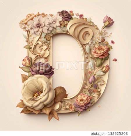 Vintage capital letter D decorated with flowers and leaves. 3D rendering 132625808