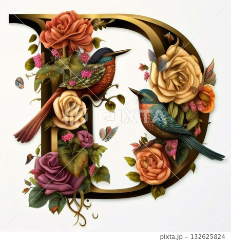 Alphabet letter D with roses, birds and butterflies. 3d illustration 132625824